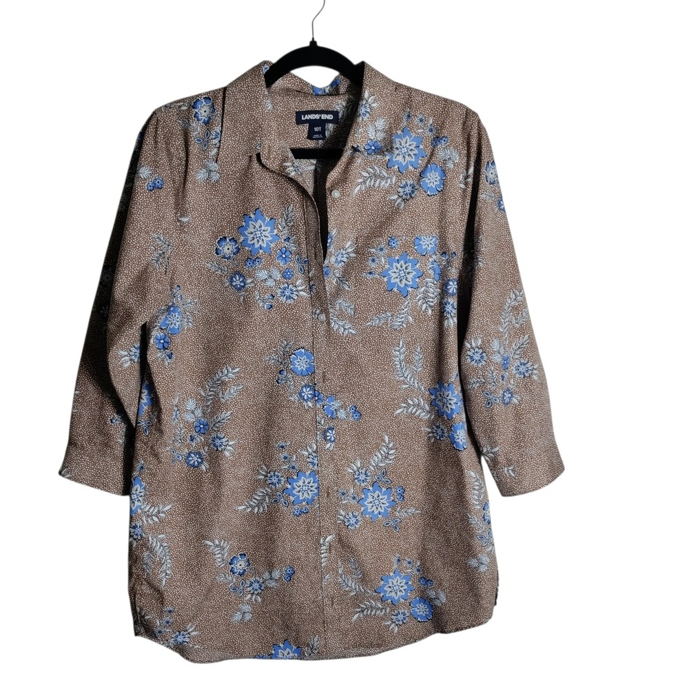 Lands' End Womens 10T Supima Cotton Floral Button Down Shirt 3/4 Sleeve Tan Blue